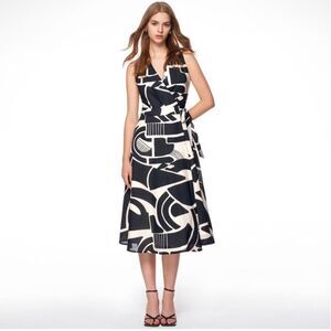 ZARA Nicole Halter Wrap Midi Dress Navy/White Print XS NEW